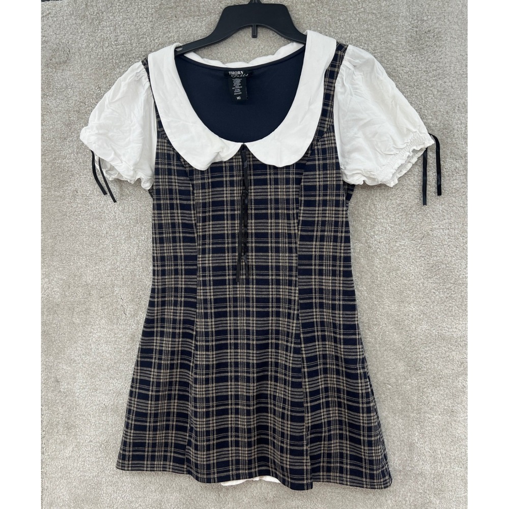 Thorn & Fable Plaid Mini Dress M Navy Peter Pan Collar School Girl Dark Academia